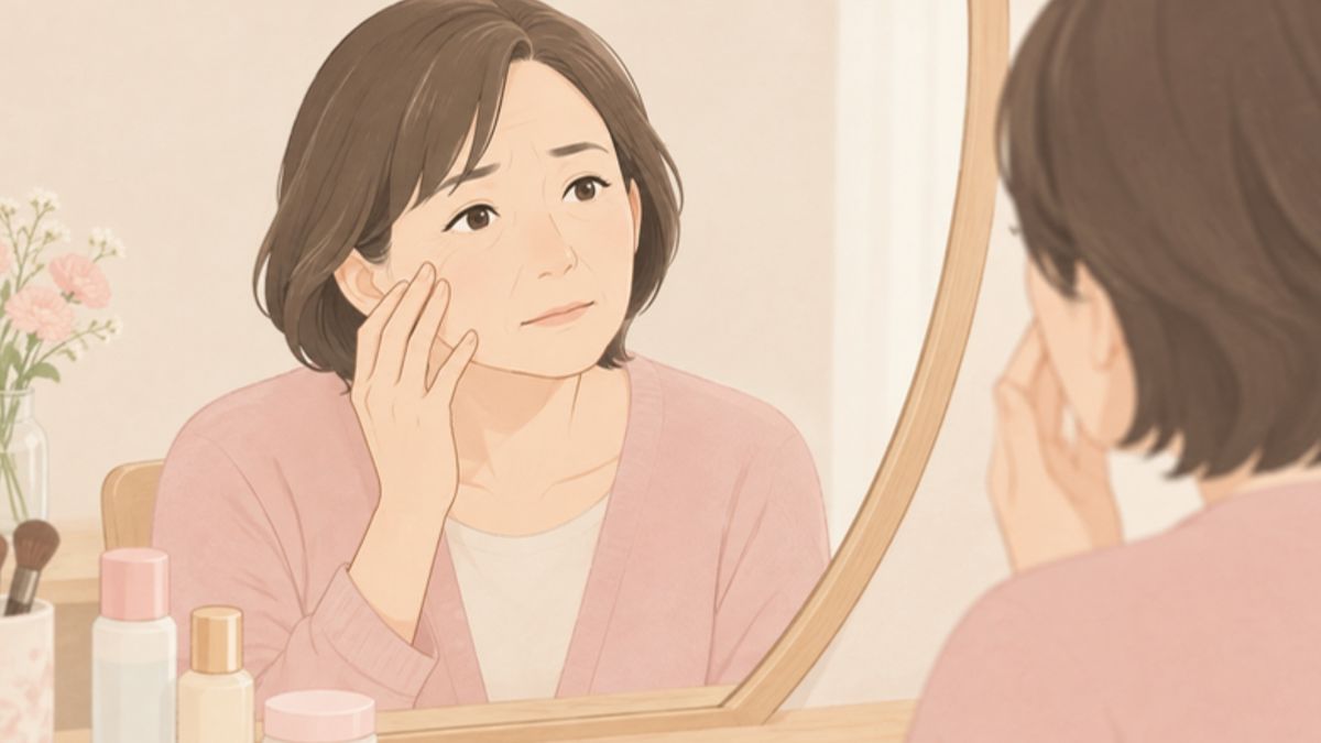 鏡の前で頬に触れて、切開しなかったことへの迷いを感じている女性のイラスト画像