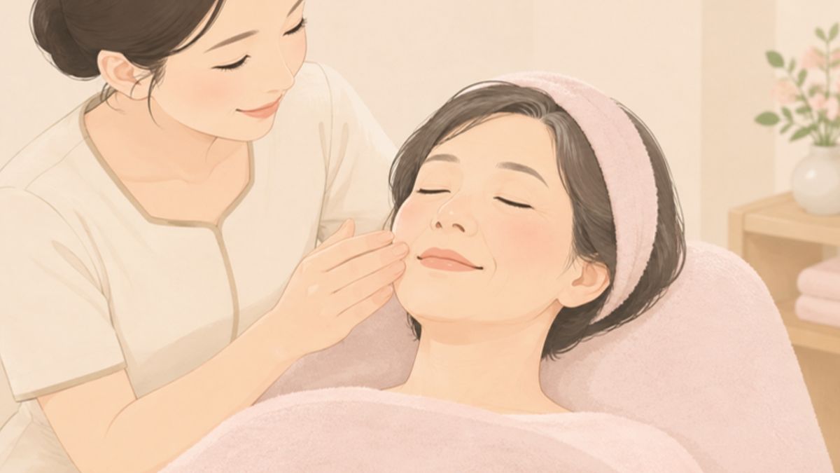 サロンで肌診断・カウンセリングを受けている女性の施術の様子を示すイラスト画像